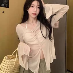 Summer New Thin Cardigan Women Sexy See Through Single-Breasted V-Neck Harajuku Korean Fashion Punk Vintage 2000s Bottoming Top