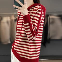 Winter Pure Wool Fashion Soft Sweater Autumn Female New Women Hooded Collar Strip Pullover Cashmere Loose Casual Knit Base Top