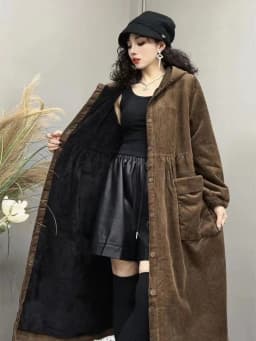 2026 Autumn and Winter Thick Coat Fashion Large Brown Windbreaker Big Pocket Women's Loose Versatile Corduroy Hooded Coat 6XL