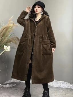 2026 Autumn and Winter Thick Coat Fashion Large Brown Windbreaker Big Pocket Women's Loose Versatile Corduroy Hooded Coat 6XL