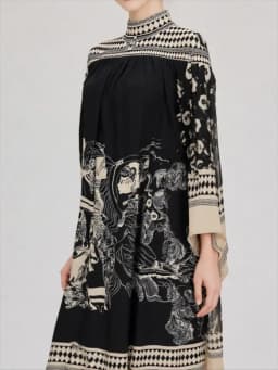 Lapel Three Quarter Sleeve Retro Printing V Neck Dress Autumn Elegant Women Loose Party Dress Femme Lacing Up Maxi Dress Vestido