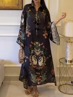 Lapel Three Quarter Sleeve Retro Printing V Neck Dress Autumn Elegant Women Loose Party Dress Femme Lacing Up Maxi Dress Vestido