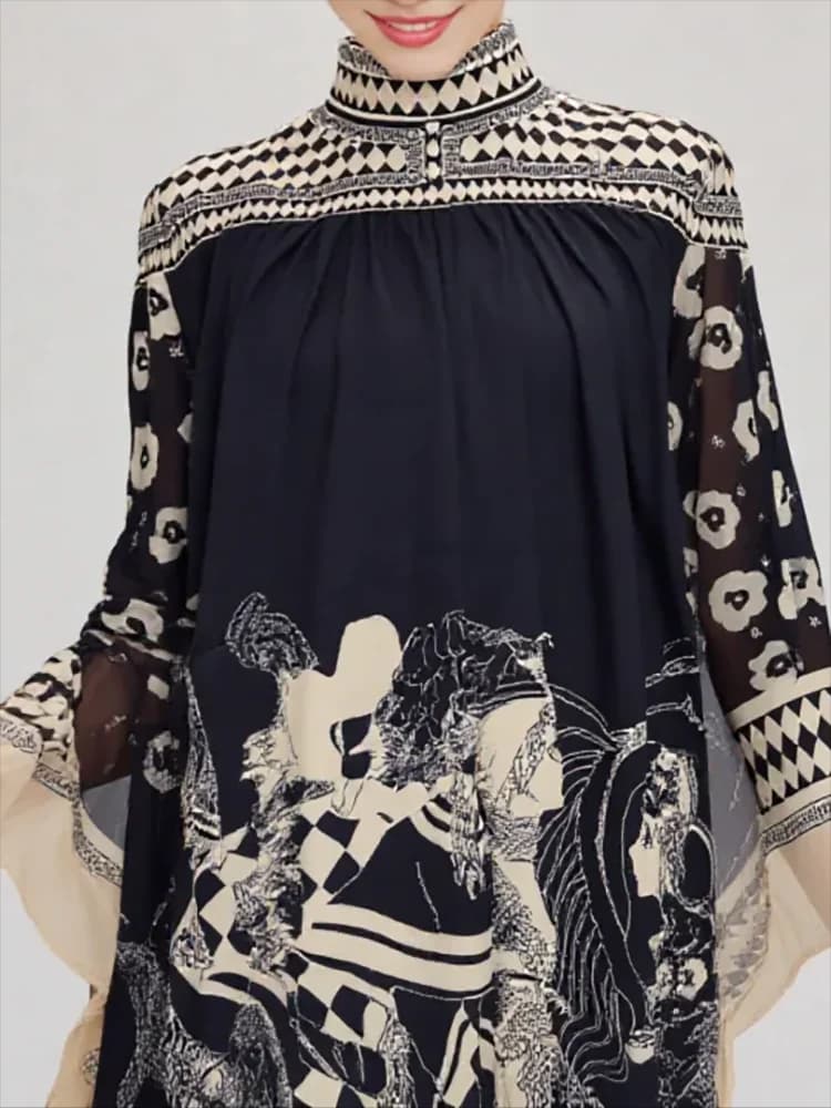 Lapel Three Quarter Sleeve Retro Printing V Neck Dress Autumn Elegant Women Loose Party Dress Femme Lacing Up Maxi Dress Vestido