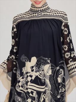 Lapel Three Quarter Sleeve Retro Printing V Neck Dress Autumn Elegant Women Loose Party Dress Femme Lacing Up Maxi Dress Vestido