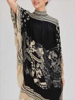 Lapel Three Quarter Sleeve Retro Printing V Neck Dress Autumn Elegant Women Loose Party Dress Femme Lacing Up Maxi Dress Vestido
