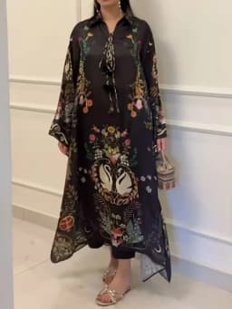 Lapel Three Quarter Sleeve Retro Printing V Neck Dress Autumn Elegant Women Loose Party Dress Femme Lacing Up Maxi Dress Vestido