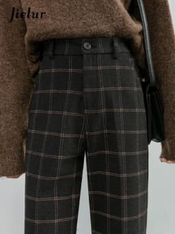 Jielur Winter Vintage Plaid Slim Fashion Female Pants Loose Spell Color Chic Zipper Pockets Simple Women's Pants Office Ladies