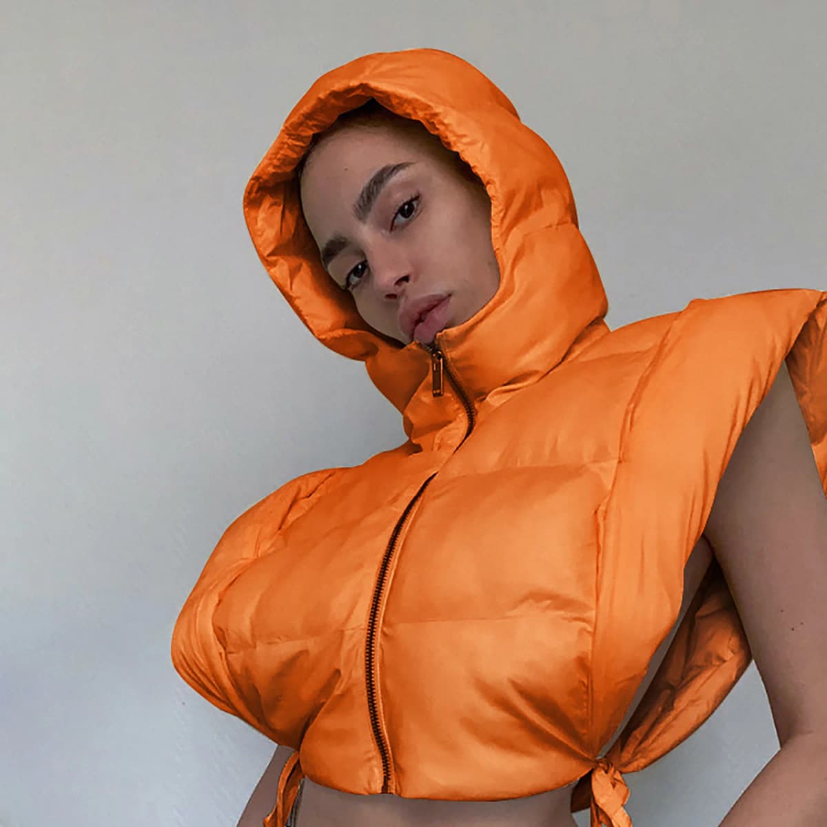 Women tie up hollow out side sexy hooded vest parkas for winter spring sleeveless jacket out coats