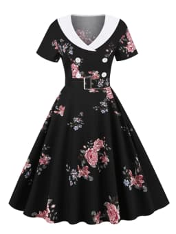 Tonval 1950s Women Vintage Summer Shawl Collar Double-Breasted Belted Elegant Dress Short Sleeve Cotton Midi Dresses 2026