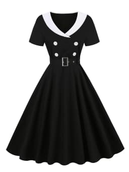Tonval 1950s Women Vintage Summer Shawl Collar Double-Breasted Belted Elegant Dress Short Sleeve Cotton Midi Dresses 2026