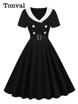 Tonval 1950s Women Vintage Summer Shawl Collar Double-Breasted Belted Elegant Dress Short Sleeve Cotton Midi Dresses 2026