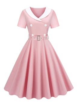 Tonval 1950s Women Vintage Summer Shawl Collar Double-Breasted Belted Elegant Dress Short Sleeve Cotton Midi Dresses 2026