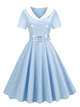 Tonval 1950s Women Vintage Summer Shawl Collar Double-Breasted Belted Elegant Dress Short Sleeve Cotton Midi Dresses 2026