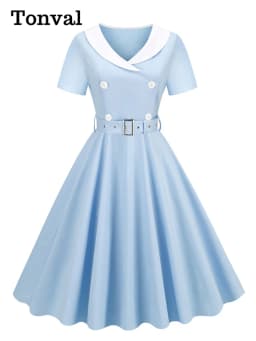 Tonval 1950s Women Vintage Summer Shawl Collar Double-Breasted Belted Elegant Dress Short Sleeve Cotton Midi Dresses 2026