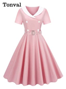 Tonval 1950s Women Vintage Summer Shawl Collar Double-Breasted Belted Elegant Dress Short Sleeve Cotton Midi Dresses 2026