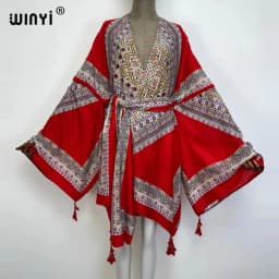 WINYI 2021 America Summer Women Cardigan stitch robe Cocktail sexcy Boho Maxi African Holiday Batwing Sleeve cotton feeling Robe