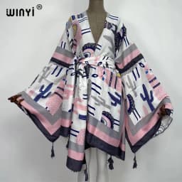 WINYI 2021 America Summer Women Cardigan stitch robe Cocktail sexcy Boho Maxi African Holiday Batwing Sleeve cotton feeling Robe