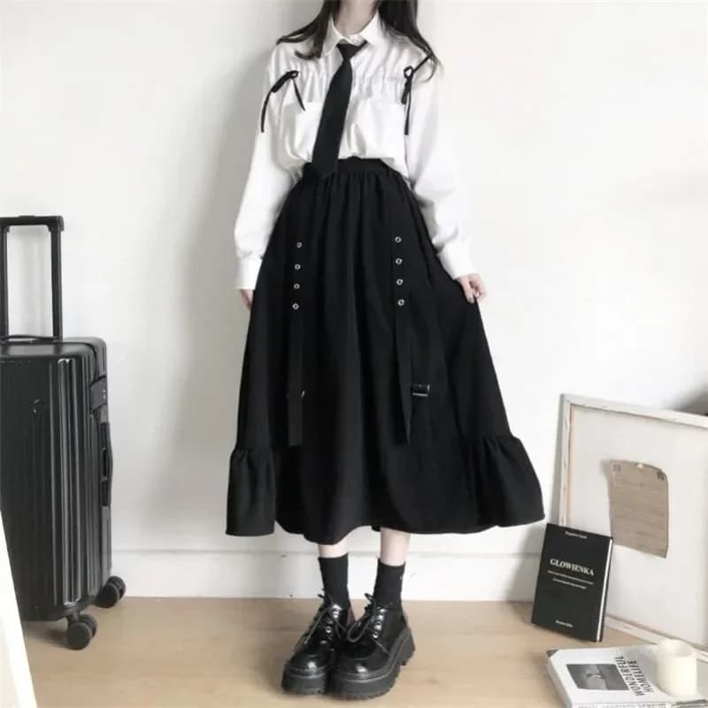 2026 Spring/Autumn Women Skirts High Waist Student Korean Style Dark Vintage Ruffle Long A-line Skirts Woman Fashion