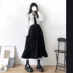 2026 Spring/Autumn Women Skirts High Waist Student Korean Style Dark Vintage Ruffle Long A-line Skirts Woman Fashion