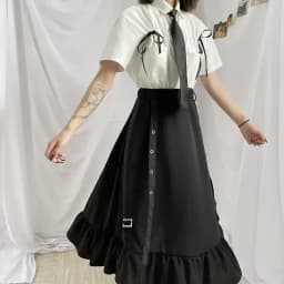 2026 Spring/Autumn Women Skirts High Waist Student Korean Style Dark Vintage Ruffle Long A-line Skirts Woman Fashion