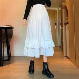 2026 Spring/Autumn Women Skirts High Waist Student Korean Style Dark Vintage Ruffle Long A-line Skirts Woman Fashion