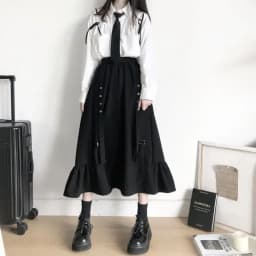 2026 Spring/Autumn Women Skirts High Waist Student Korean Style Dark Vintage Ruffle Long A-line Skirts Woman Fashion