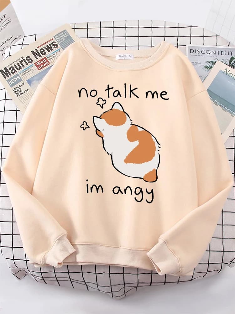 Female Sweatshirts No Talk Me Cute Angy Cat Print Top Women Harajuku Oversize Long-Sleeve Kawaii Animal 2024 New Lady Sweatshirt
