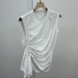 TWOTWINSTYLE Casual White T Shirt For Women O Neck Sleeveless Ruched Irregular Slim T Shirts Females Summer Fashion 2021 Stylish