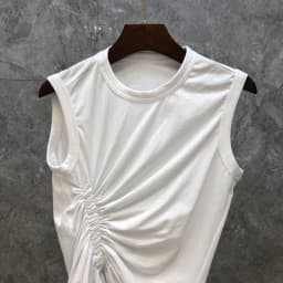 TWOTWINSTYLE Casual White T Shirt For Women O Neck Sleeveless Ruched Irregular Slim T Shirts Females Summer Fashion 2021 Stylish