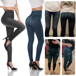 High Waist Faux Denim Print Leggings Women Sexy Skinny Pencil Pants Tummy Control Seam-free Shapewear Trousers No Pocket