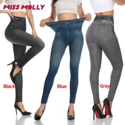 High Waist Faux Denim Print Leggings Women Sexy Skinny Pencil Pants Tummy Control Seam-free Shapewear Trousers No Pocket