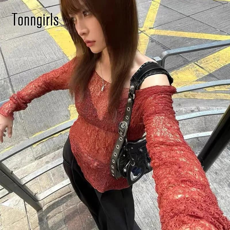 Tonngirls Sexy Lace Tshirts Women Long Sleeve See Through Irregual Vintage Tops Streetwear Fairycore Splits Y2k Tee Tops 2000s