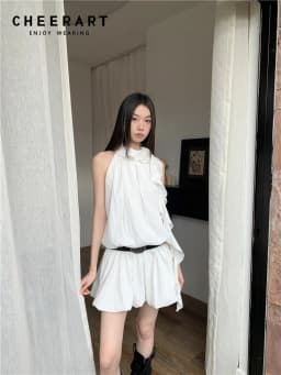 CHEERART White Ruffles Y2k Fashion Halter Dress 2024 Women Summer Sleeveless Bud Mini Short Dress Designer Clothes