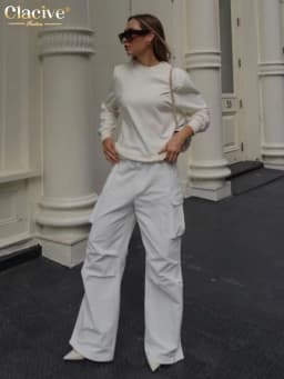 Clacive Fashion Loose White Women'S Pants Elegant High Waist Full Length Cargo Pants Streetwear Straight Trousers Female Pockets