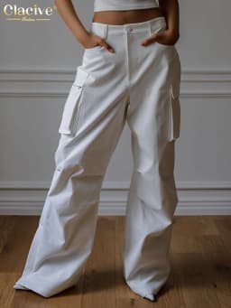 Clacive Fashion Loose White Women'S Pants Elegant High Waist Full Length Cargo Pants Streetwear Straight Trousers Female Pockets