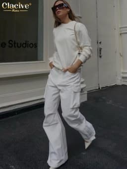 Clacive Fashion Loose White Women'S Pants Elegant High Waist Full Length Cargo Pants Streetwear Straight Trousers Female Pockets