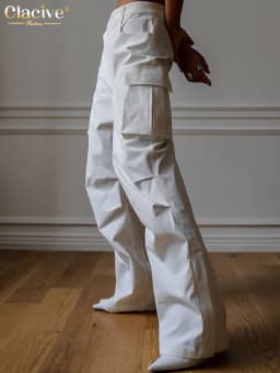 Clacive Fashion Loose White Women'S Pants Elegant High Waist Full Length Cargo Pants Streetwear Straight Trousers Female Pockets