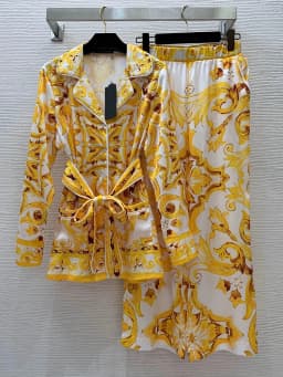 New spring and summer geometric printing lapel long-sleeved shirt+elastic waist wide-leg trousers casual two-piece women's suit