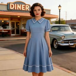 Tonval Sailor Collar Short Sleeve Vintage Style High Waist Swing Dresses Elegant for Women Blue Evening Gowns Pleated Dress