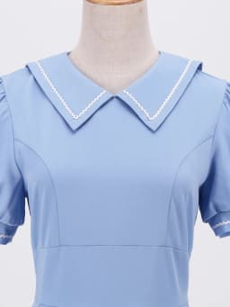 Tonval Sailor Collar Short Sleeve Vintage Style High Waist Swing Dresses Elegant for Women Blue Evening Gowns Pleated Dress