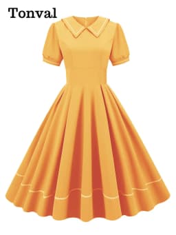 Tonval Sailor Collar Short Sleeve Vintage Style High Waist Swing Dresses Elegant for Women Blue Evening Gowns Pleated Dress