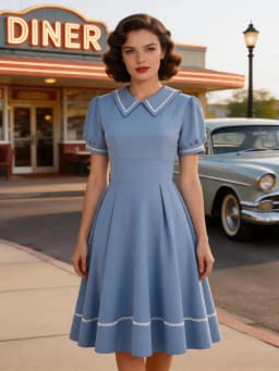 Tonval Sailor Collar Short Sleeve Vintage Style High Waist Swing Dresses Elegant for Women Blue Evening Gowns Pleated Dress