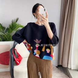 Miyake Pleated Women's Fashion Tops Loose Plus Size Hundred Matching Printed Seven-minute Sleeve T-shirt 2024 Spring Autumn New
