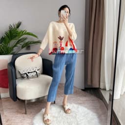 Miyake Pleated Women's Fashion Tops Loose Plus Size Hundred Matching Printed Seven-minute Sleeve T-shirt 2024 Spring Autumn New