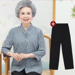 Elderly Grandma Shirts Blouse Tops 3/4 Sleeve Spring Summer 60 To 80 Years Old Middle-Aged Mother Pants 2PCS Womens Outfits 5XL