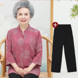 Elderly Grandma Shirts Blouse Tops 3/4 Sleeve Spring Summer 60 To 80 Years Old Middle-Aged Mother Pants 2PCS Womens Outfits 5XL