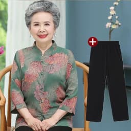 Elderly Grandma Shirts Blouse Tops 3/4 Sleeve Spring Summer 60 To 80 Years Old Middle-Aged Mother Pants 2PCS Womens Outfits 5XL