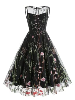 Tonval Floral Mesh Embroidery Evening Party Elegant Women Vintage Midi Dress Keyhole Back Sleeveless Ladies Swing Dresses