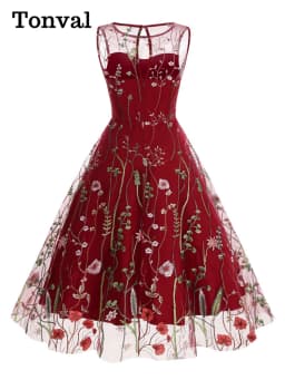 Tonval Floral Mesh Embroidery Evening Party Elegant Women Vintage Midi Dress Keyhole Back Sleeveless Ladies Swing Dresses
