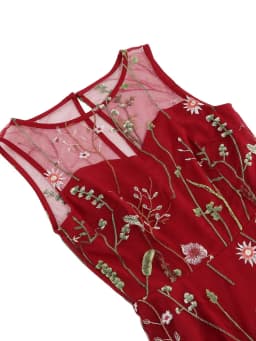 Tonval Floral Mesh Embroidery Evening Party Elegant Women Vintage Midi Dress Keyhole Back Sleeveless Ladies Swing Dresses